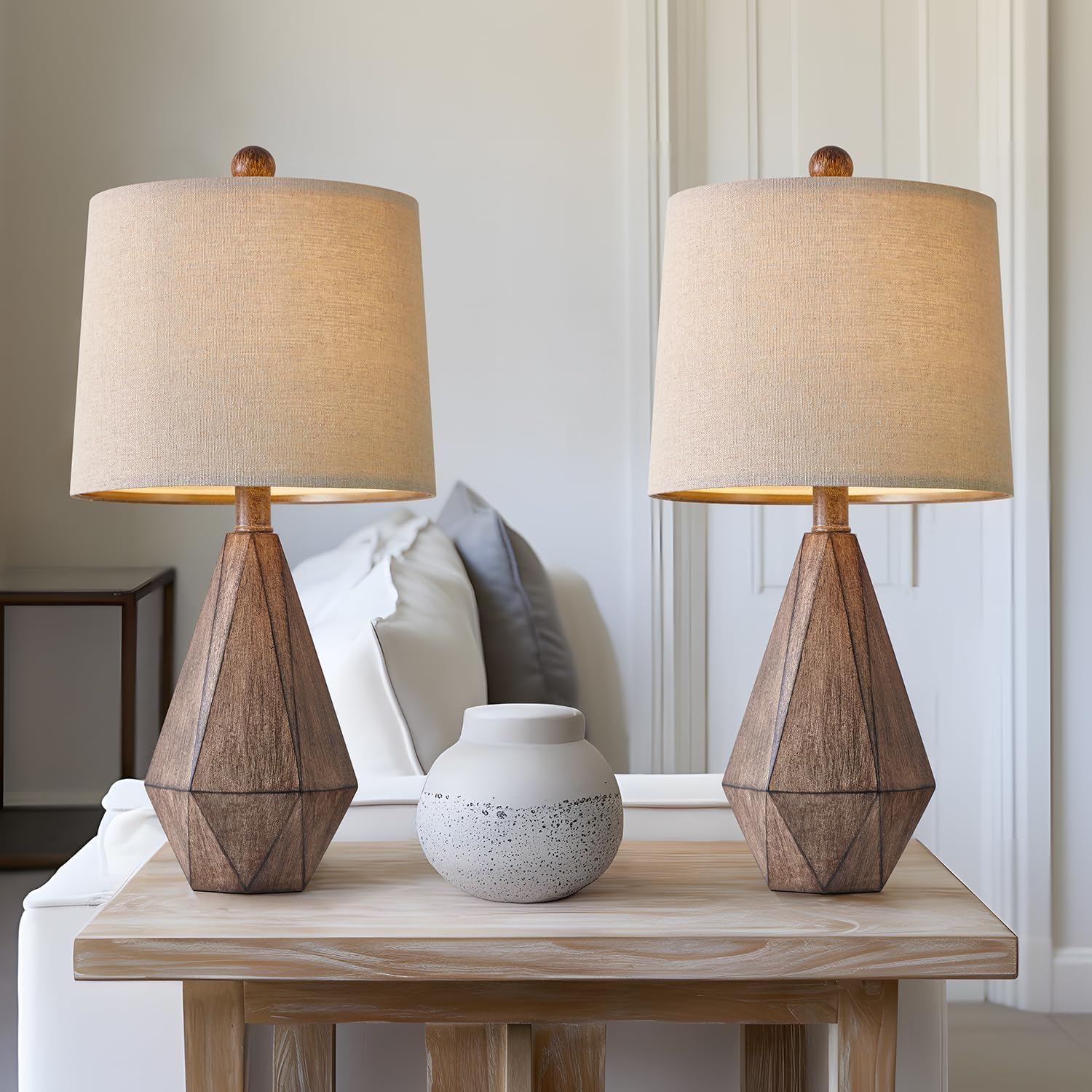 PoKat 20.25" Retro Farmhouse Table Lamp Set of 2 - Living Room & Bedroom Rustic Linen Bedside Nightstand Lamps for Kids, Study, Office…