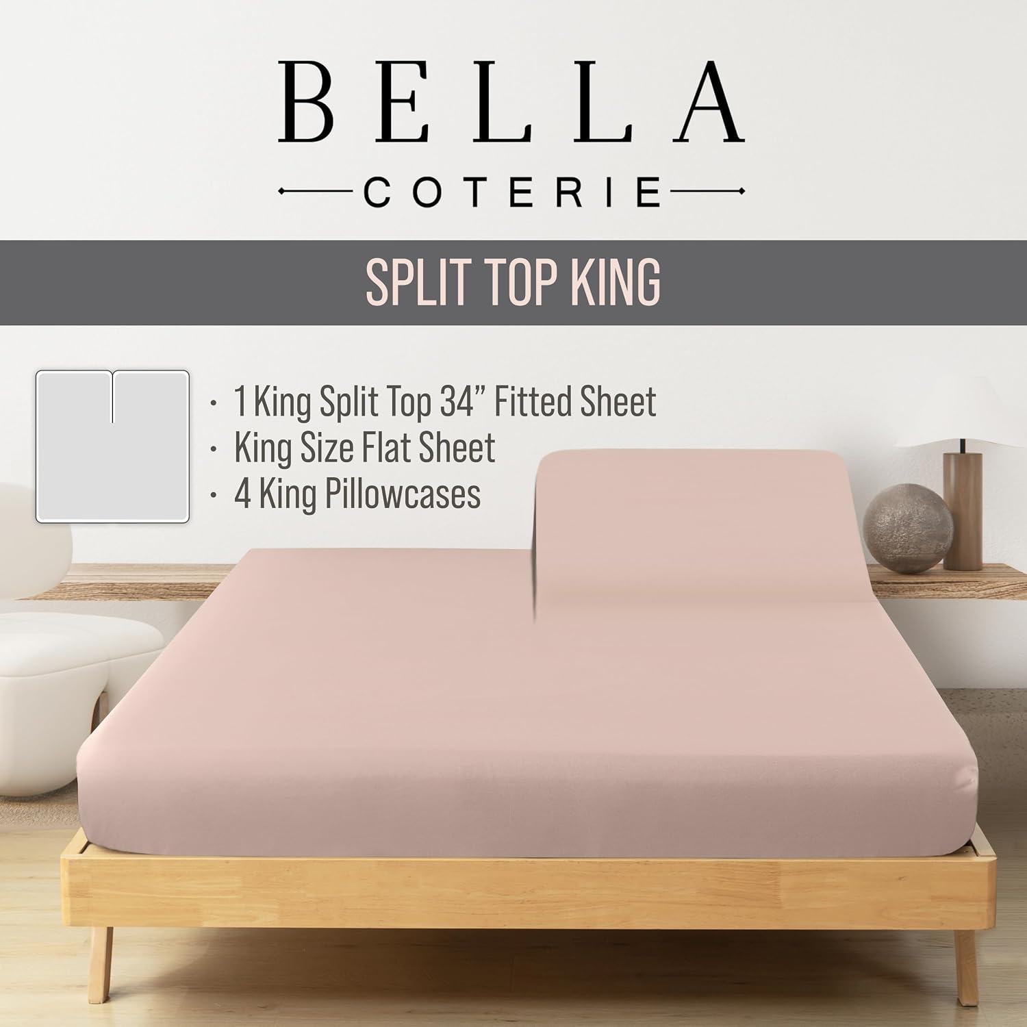 Bella Coterie 6 Piece Luxury Bamboo Viscose Split Top King Size Sheet Set | 34" Split for Adjustable Beds | 100% Organically Grown|…