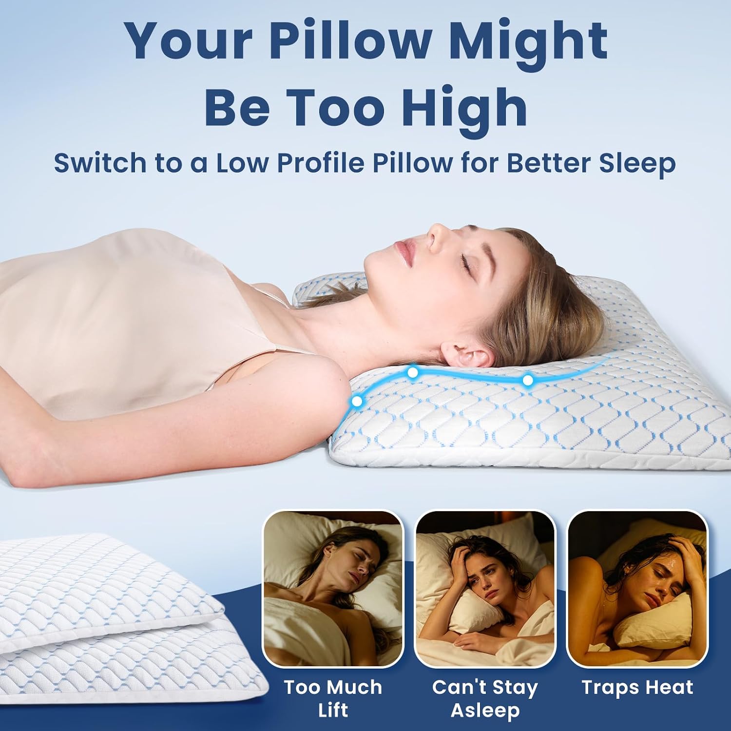 2.85" Ultra Thin Memory Foam Pillow with Cool-to-Touch Cover, Low Profile Flat Bed Pillow for Back & Stomach Sleepers, Standard Size