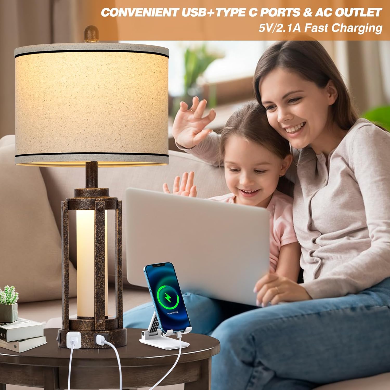 Farmhouse Industrial Lamp with USB A+C Charging Ports & AC Outlet, 26" Vintage Rustic Retro Table Lamp with Glass LED Night Light & Linen…