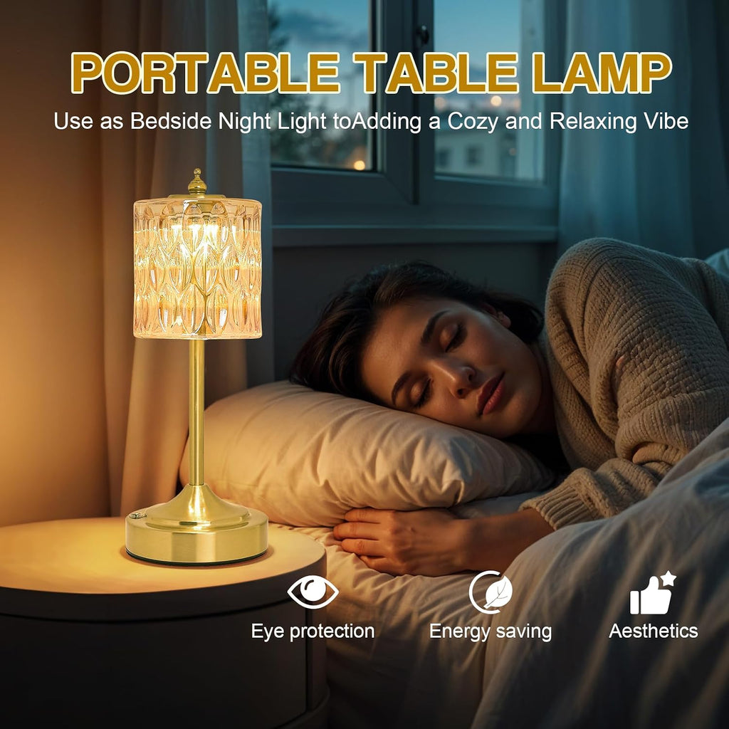 Cordless Crystal Table Lamp, 5200mAh Rechargeable Battery, 3 Color Dimmable Touch Control, Portable Vintage Gold Desk Lamp for Bedroom…