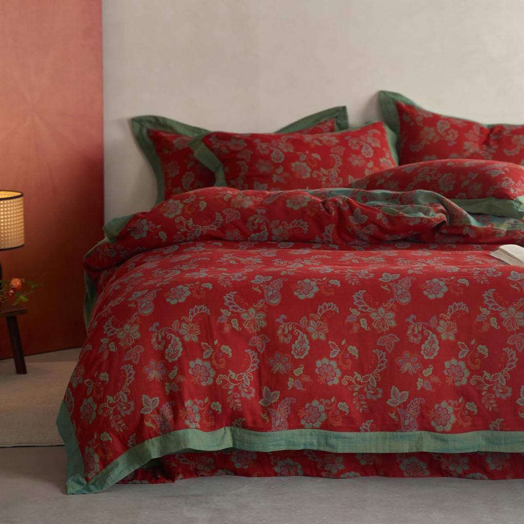 mixinni Exquisite Vintage Red Floral Duvet Cover Queen Size Yarn-Dyed Jacquard Textured Design Duvet Cover Set with Green Edge Design Musli…