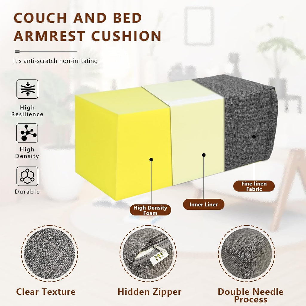 MMuteTouch 2 Pack Couch Arm Rest Pillow, 8''x8''x20'' Linen Cover, High Density Foam Armrest Cushion, Removable & Washable Elbow Support fo…