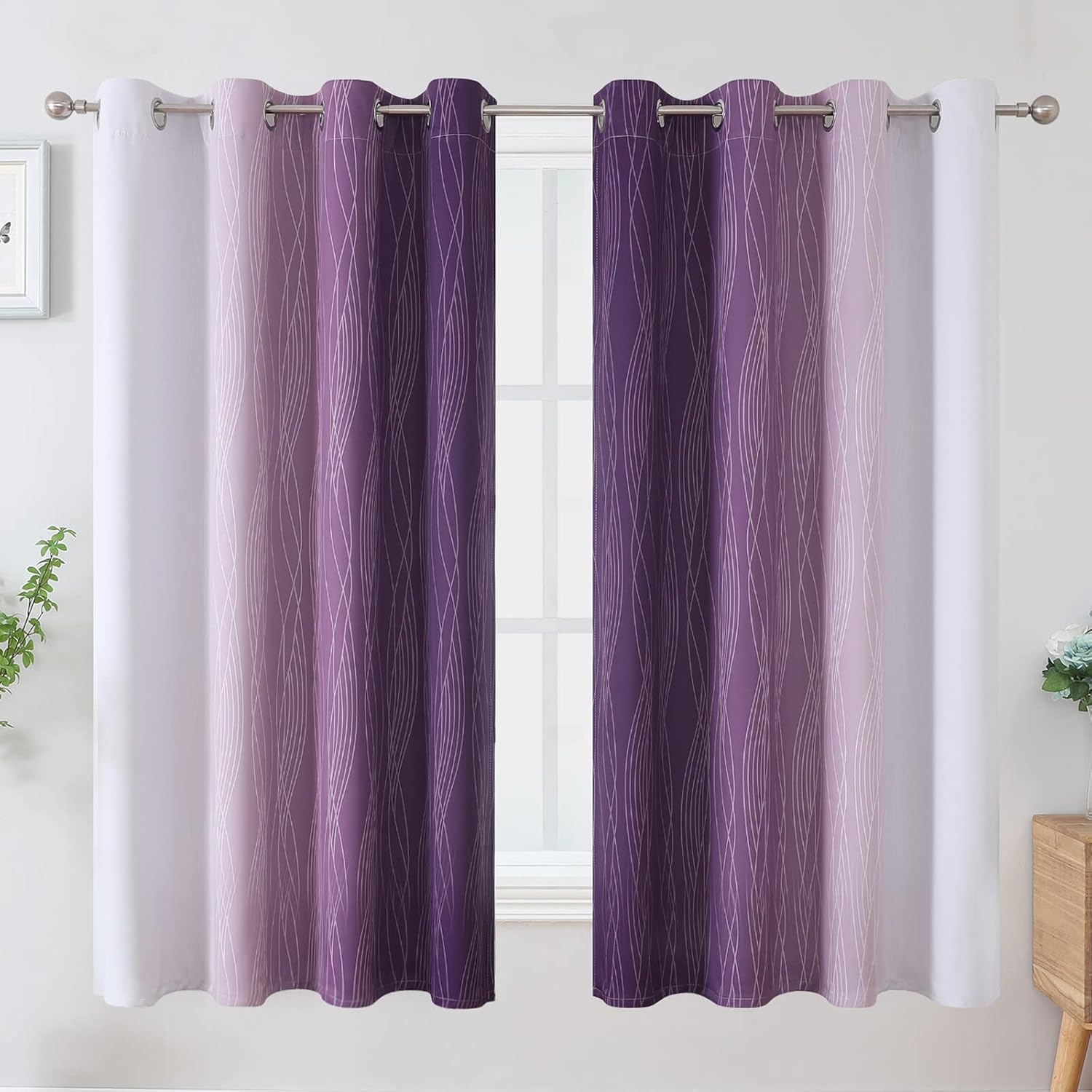 Estelartextiler Estelar Textiler Purple and Greyish White Blackout Curtains 63 Inch Length 2 Panels Set, Room Darkening Grommet Ombre Curta…