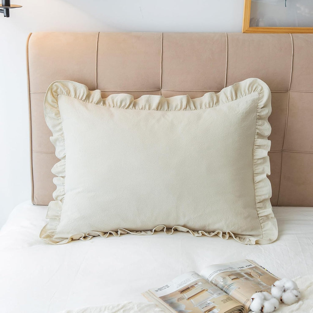 GLORY SEASON Pillow Shams Set of 2 Washed 100% Cotton Retro Ruffle Flounces Trim Solid Beige Decorative Pillow Cases for Home Bedroom…