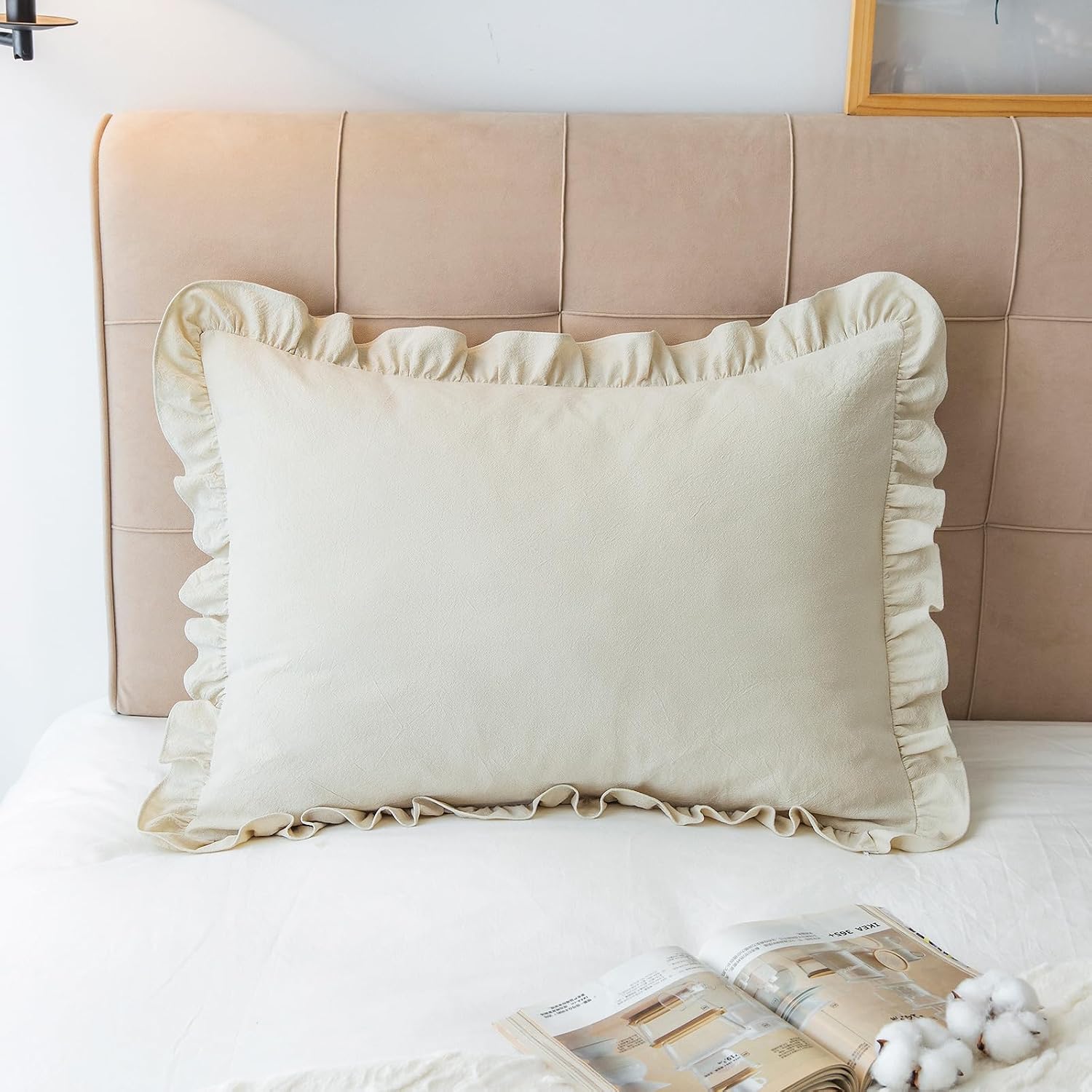 GLORY SEASON Pillow Shams Set of 2 Washed 100% Cotton Retro Ruffle Flounces Trim Solid Beige Decorative Pillow Cases for Home Bedroom…