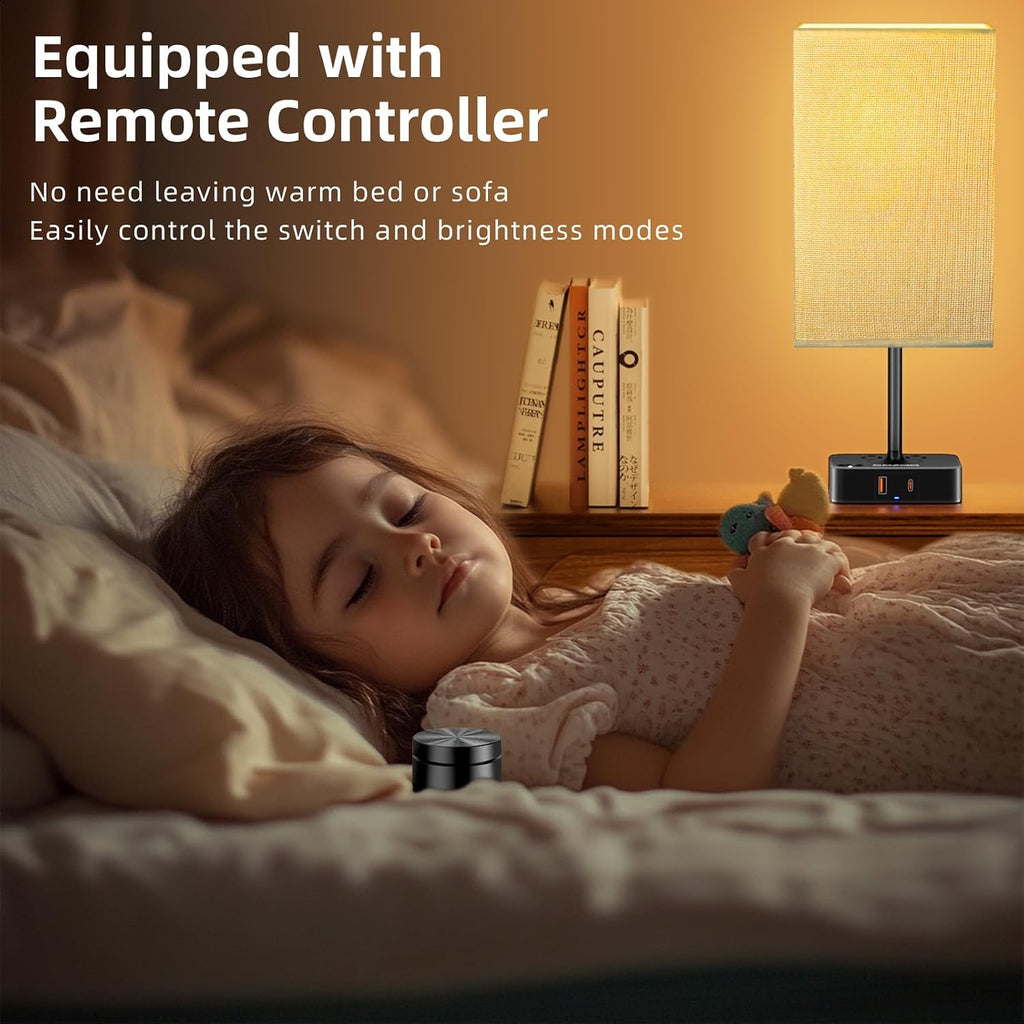 Bedside Lamp with Remote Control & Dimmable Light, 2 AC Outlets + USB-C/USB-A Charging Ports, Beige Shade Nightstand Table Desk Lamp for…
