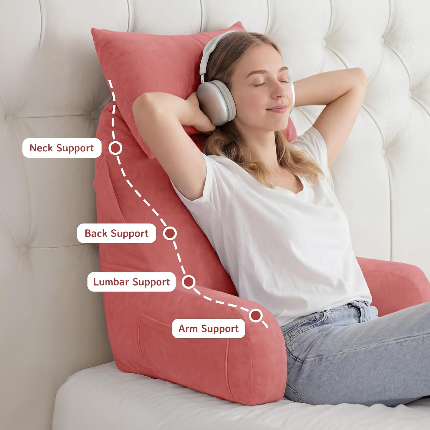 Unisakey Portable Reading Pillows with Headrest for Bed Sitting Up(Dark Pink Oeko-Tex), Velvet Back Pillow with Arms & Pockets for…