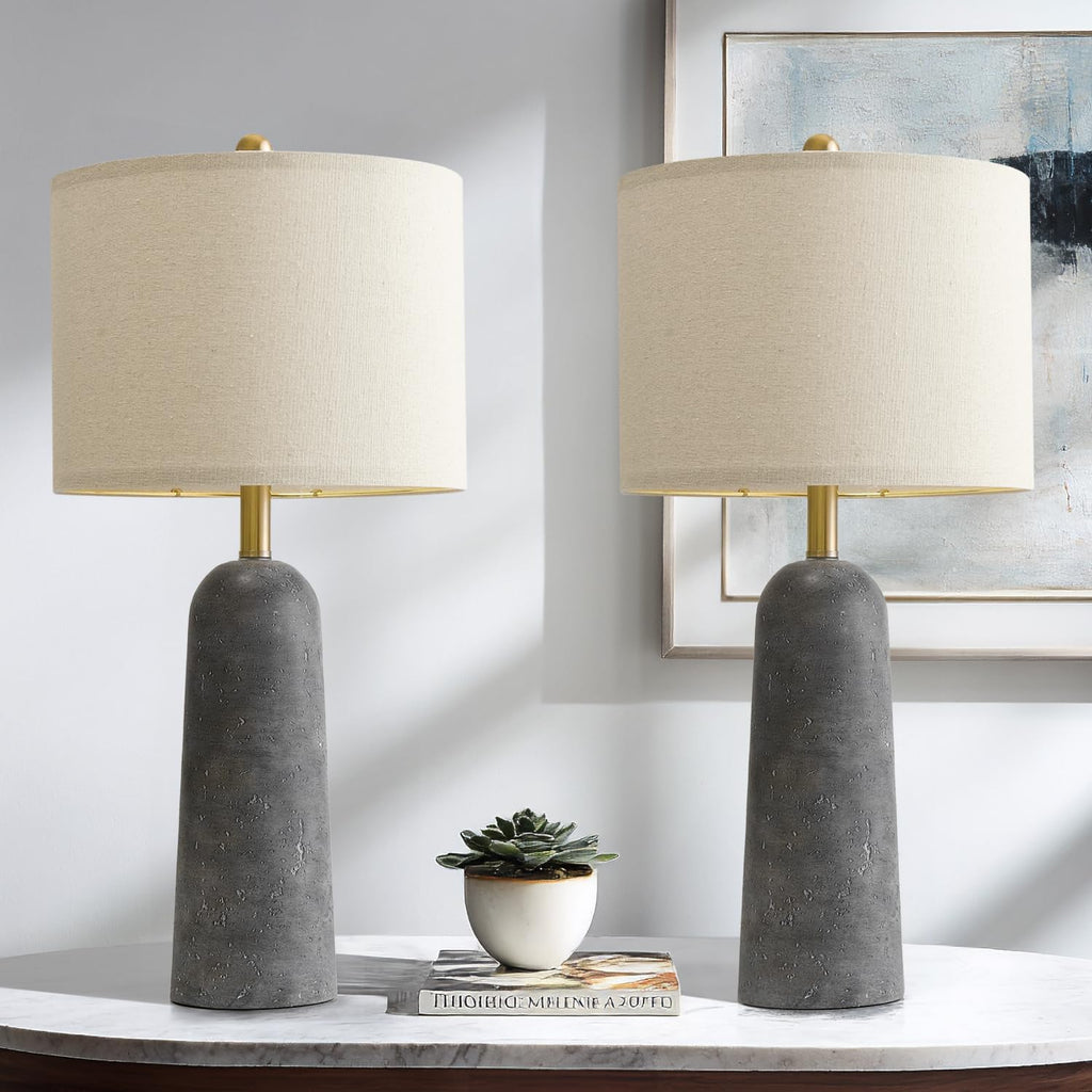 BOBOMOMO 27.25" Modern Table Lamp Set of 2, Gray Resin Lamp with Natural Stone Look, Lamps for Living Room with Linen Shades, Nightstand…