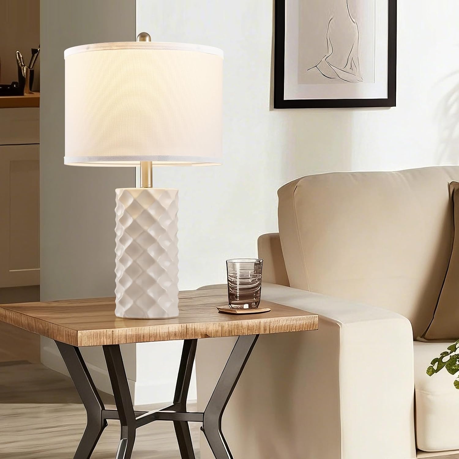 BLHDZJR Gentle Beige & Star Diamond Ceramic Table Lamps (Set of 2) - 23" Luxe Modern Bedside Lamps for Nightstand, bedrooms, Living R…