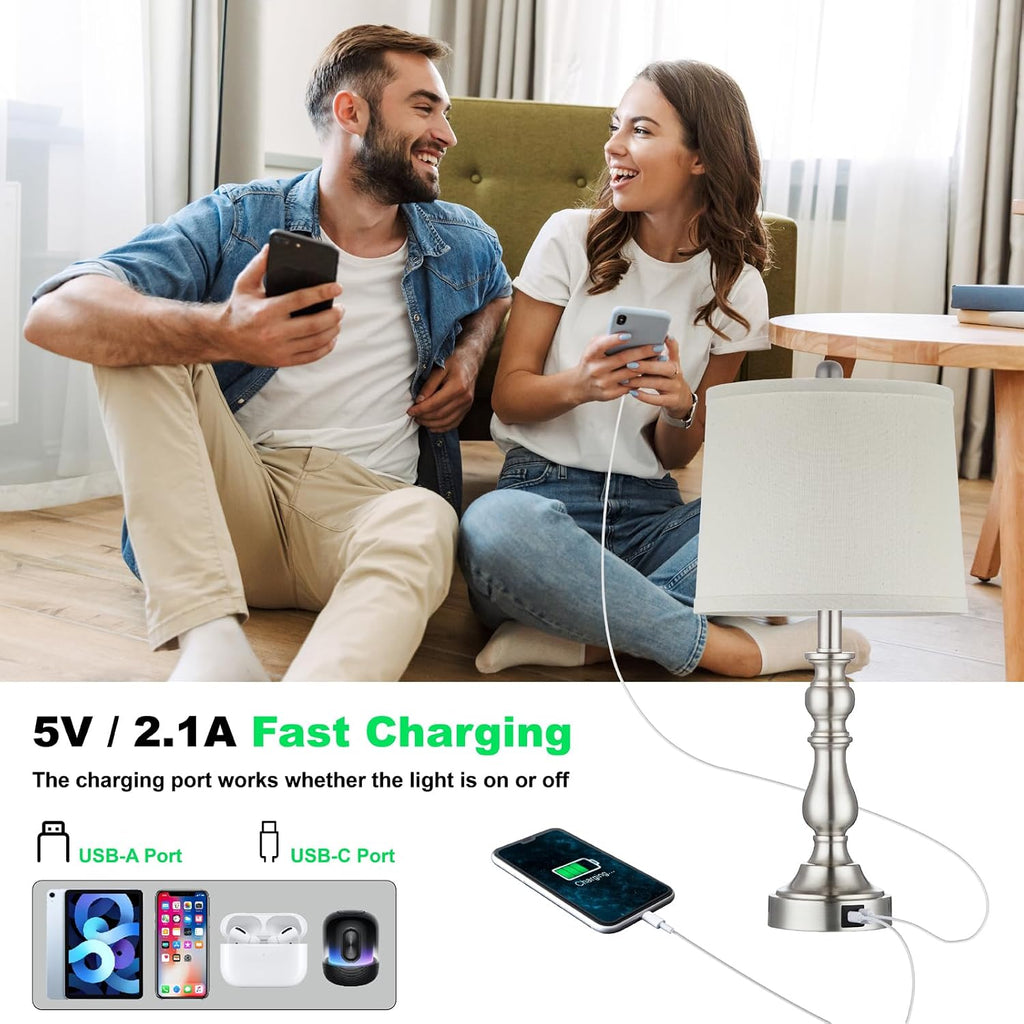 Farmhouse Side Table Lamps for Living Room Set of 2 with USB C+A Ports, Bedside Lamp for Bedroom, Dining Room Decor, Office, End Table…