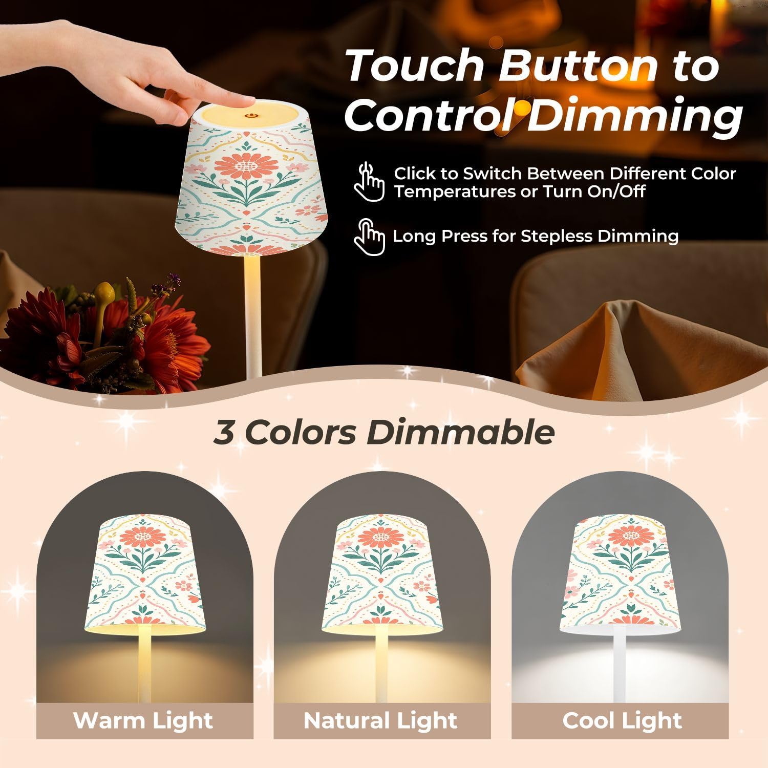 Cordless Mahjong Lamp Pastel Floral Damask Folk Art Flowers Geometric Tiles Small LED Lamp 3 Color Dimmable Rechargeable Lamps for Mah…