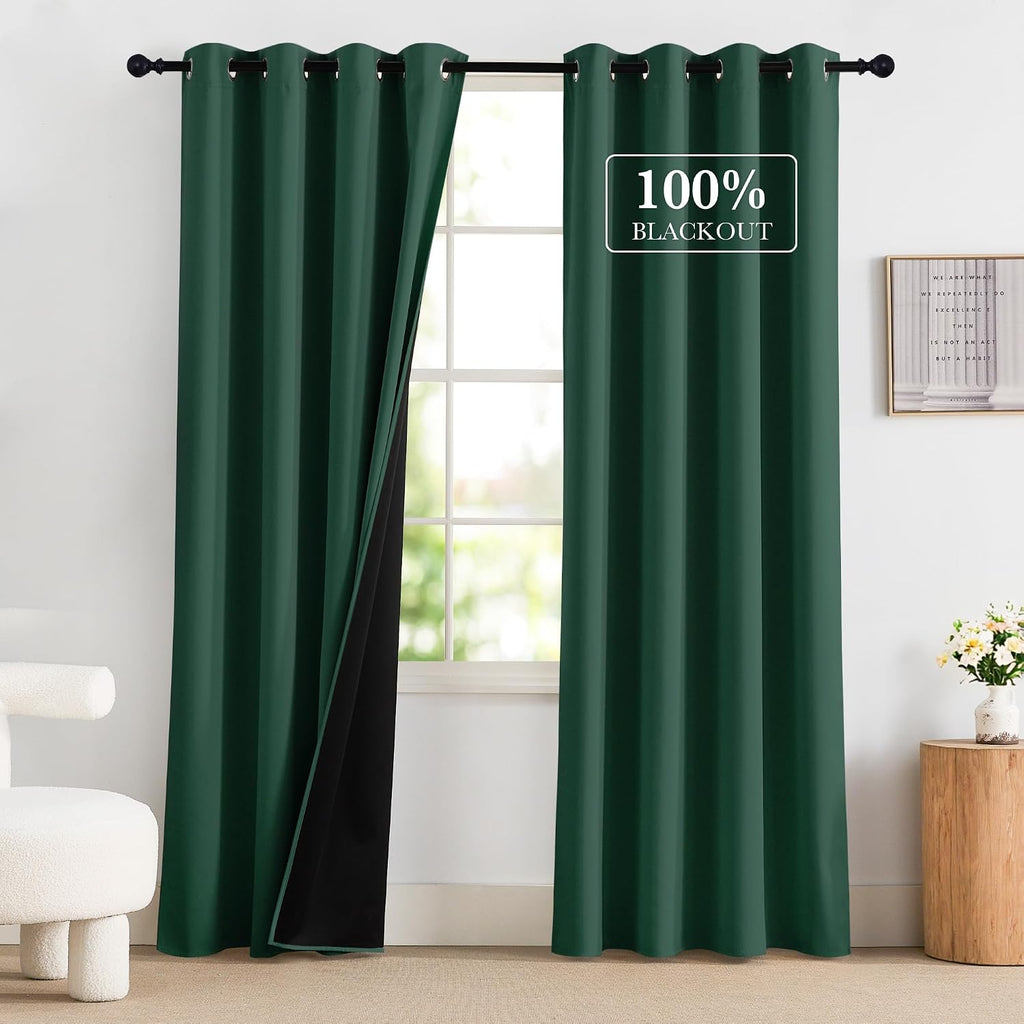 NICETOWN 100% Blackout Hunter Green Curtains 84 inches Long 2 Panels Set for Bedroom, Thermal Insulated Grommet Drapes, Room Darkening…