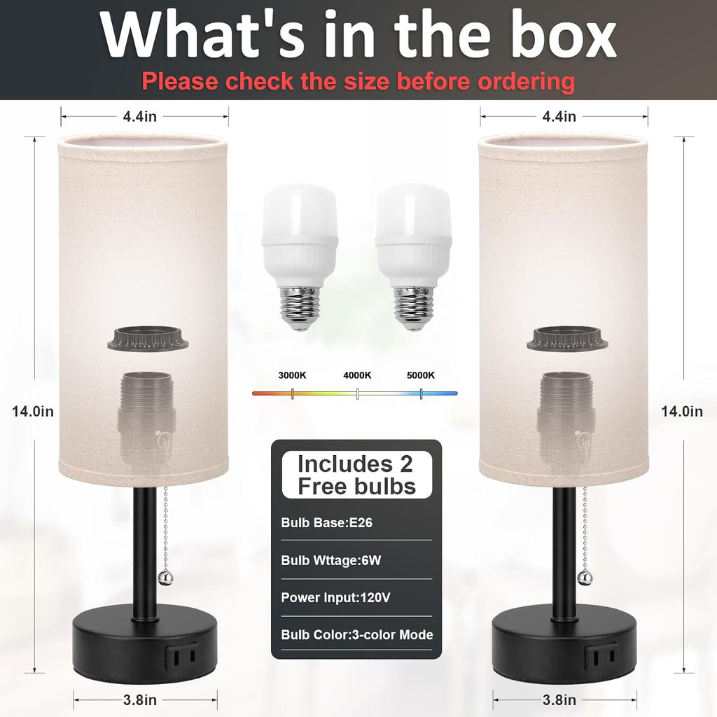 Fenmzee Bedside Table Lamps Set of 2-3 Color Temperatures Pull Chain Lamp with AC Outlet Charging Port, Round Night Stand Lamps for…