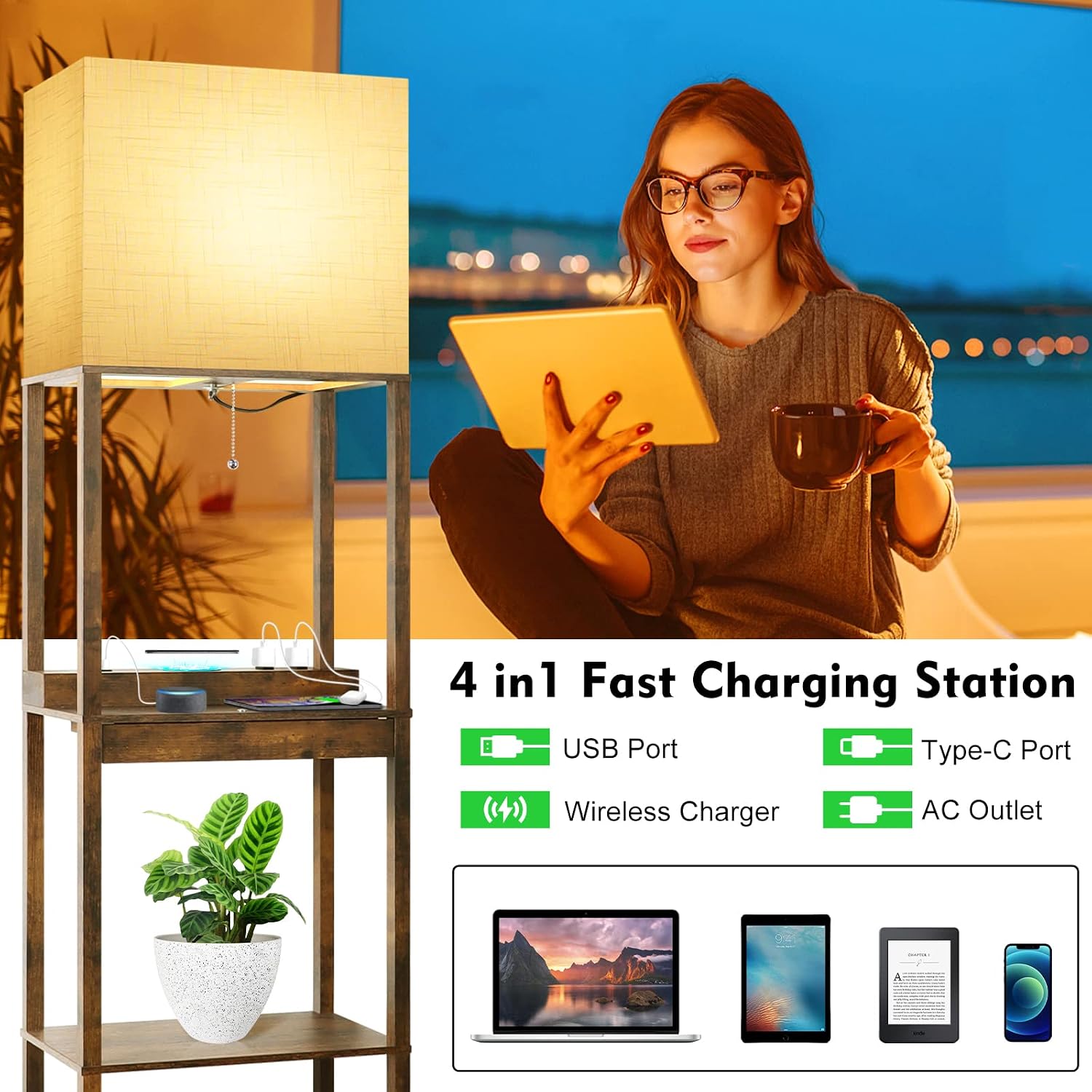 RUNTOP Floor Lamp with Shelves, Plus Shelf Lamp with Wireless Charger, 2 USB Port and Outlet, 1 Drawer, 15W LED Bulb, 3 Colors, Memory…