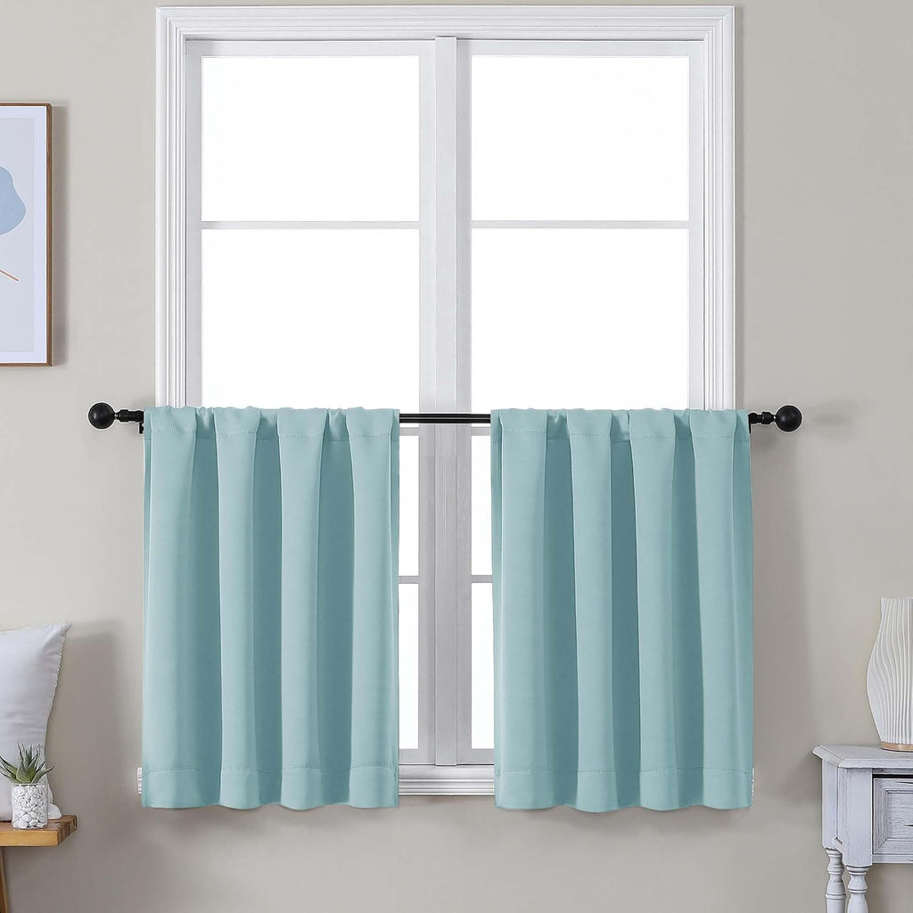 Simplebrand Ava Aqua Short 24 Inches Blackout Curtain 2 Panels Set, Half Window Rod Pocket Privacy Curtain Tiers for Kitchen, Curtains Blac…