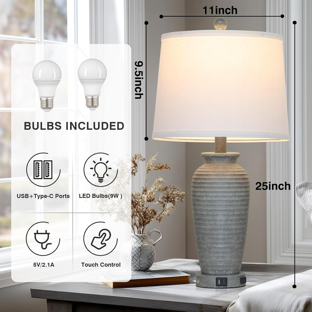 CINSARY 25" Grey Farmhouse Jar Table Lamps, 3 Way Touch Control Rustic Bedside Lamps with USB A+C Ports & AC Outlet, Pot Nightstand Lamps…
