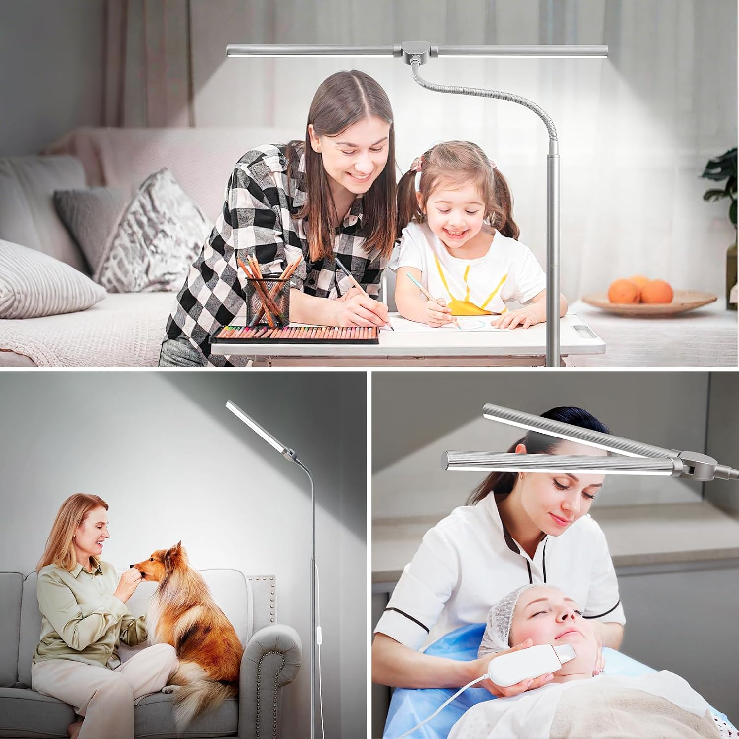 Bright Floor Lamp, 18W/2000LM Silver LED Floor Lamp with Double Head, Adjustable Gooseneck Dimmable Craft Light for Sewing Tatoo…