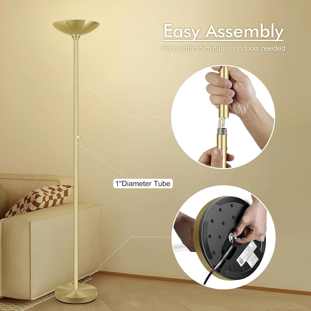 30W Torchiere Floor Lamp Gold, 3600LM Bright Stepless Dimmable Floor Lamp, 71 Inch LED Standing Lamp 3000K, Rotary Switch, I Inch Thick…