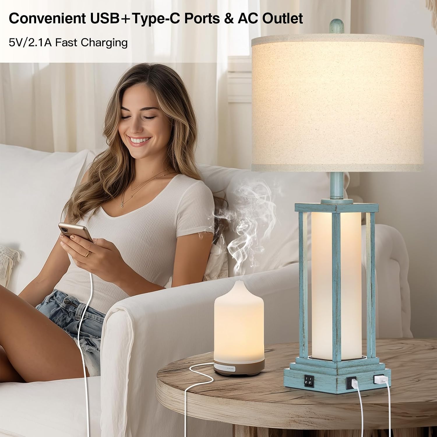 Cinkeda 27" Tall Vintage Table Lamp Set of 2 with USB C+A & Outlet, Nightstand Lamp for Living Room, Coastal Bedside Lamps with Frosted…