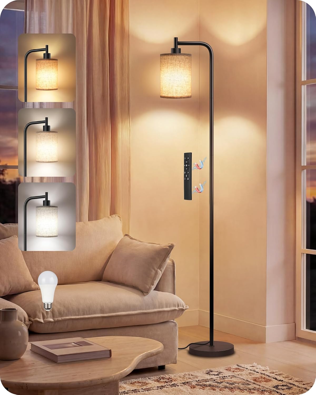 Dimmable Floor Lamp for Living Room with Remote and Foot Switch, Modern Standing, Corner Lamp,10W Bulb 3 Color Temperatures, for Bedroom…
