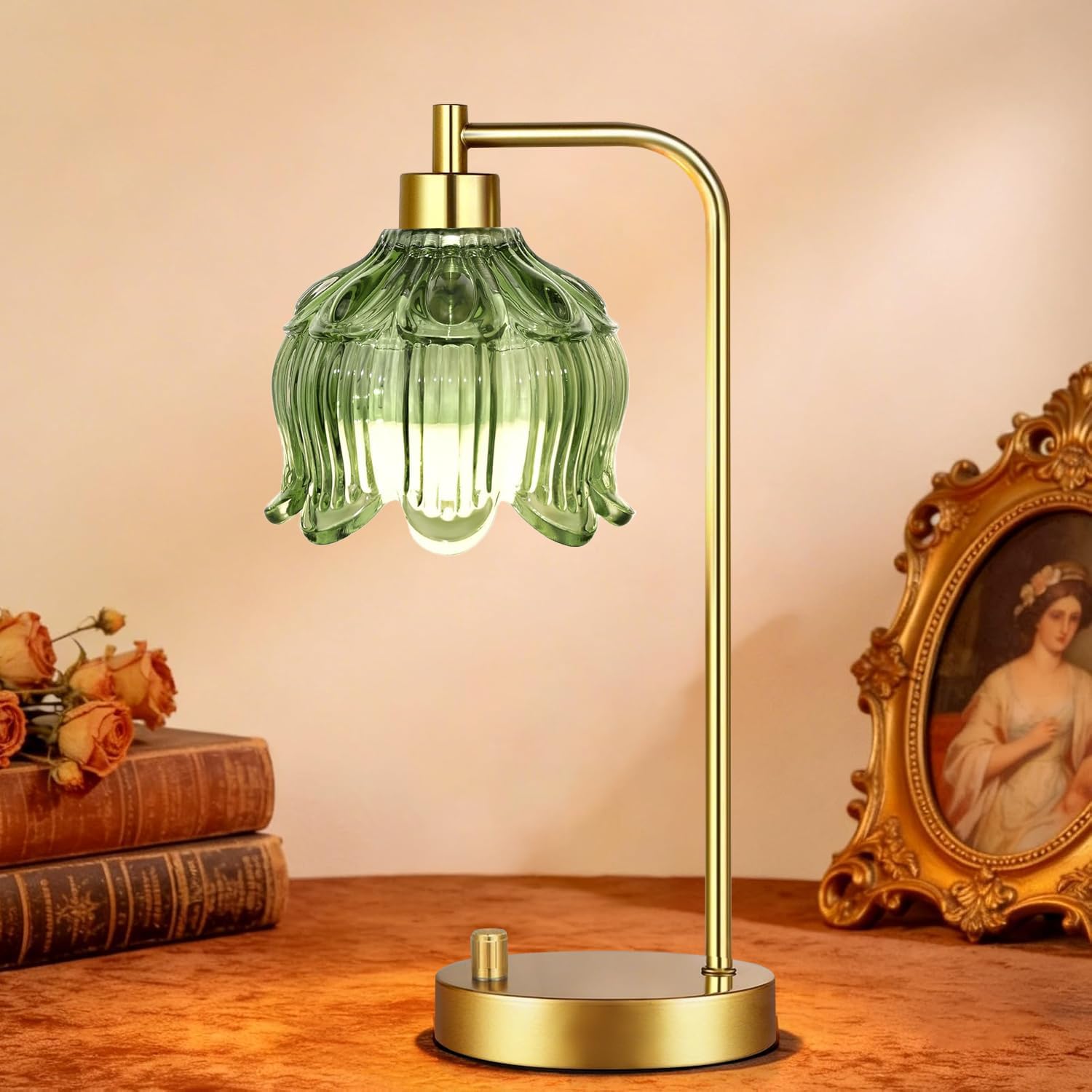 ILLMTW Glass Table Lamp Set of 2, Small Gold Bedside Lamps Dimmable Boho Bedroom Lamp with Tulip Flower Green Lamp Shade, Vintage Mid…