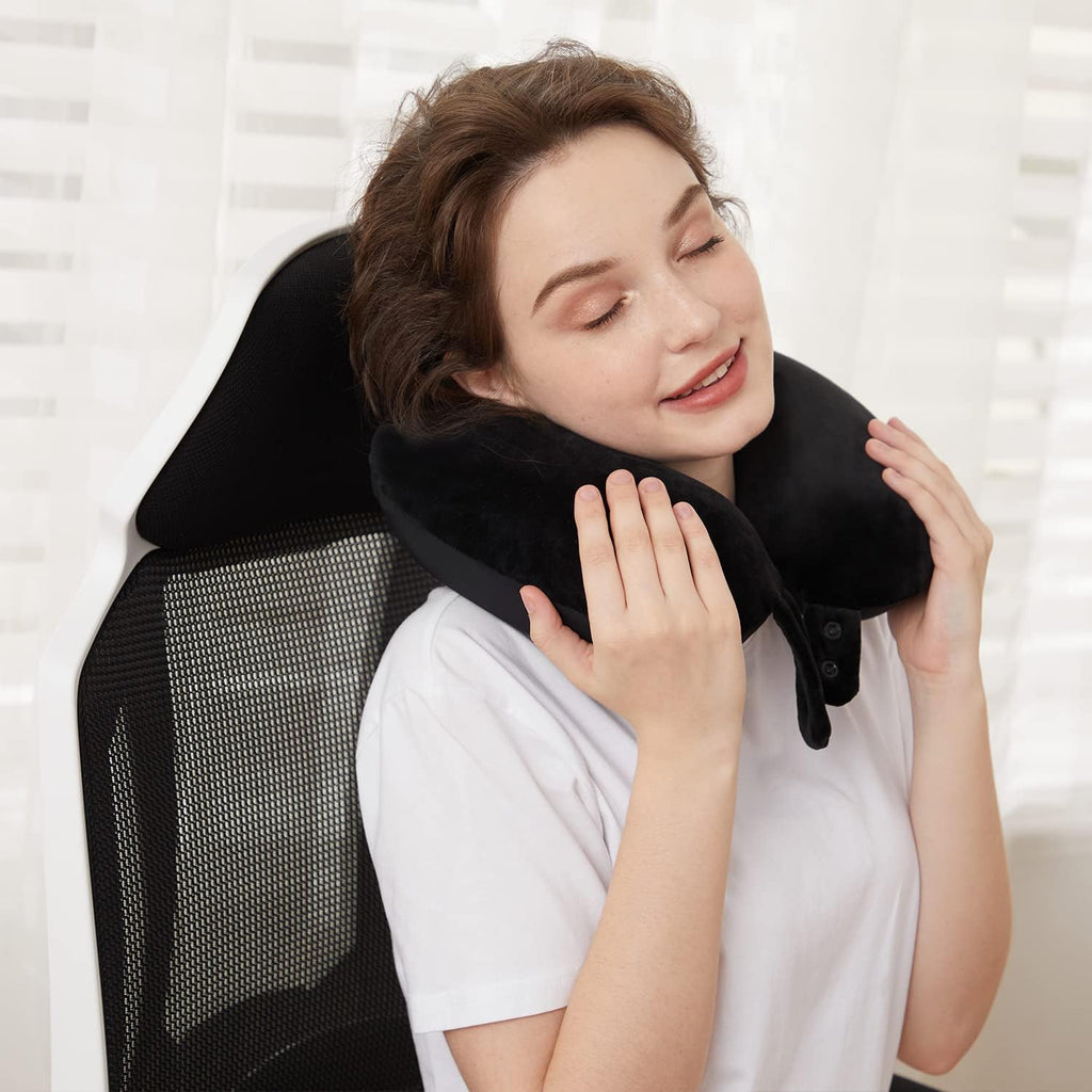TALLGO Travel Pillow, Best Memory Foam Neck Pillow Head Support Soft Pillow for Sleeping Rest, Airplane Car & Home Use (Black5)