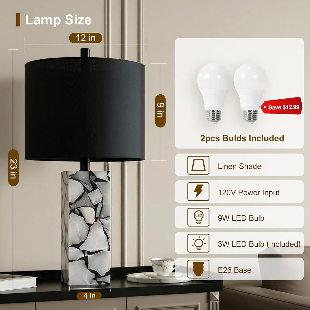 Scenekoy 23" Alabaster Table Lamps Set of 2 with Night Light for Living Room, Rotary Switch, Black Modern Table Lamp with Black Linen…