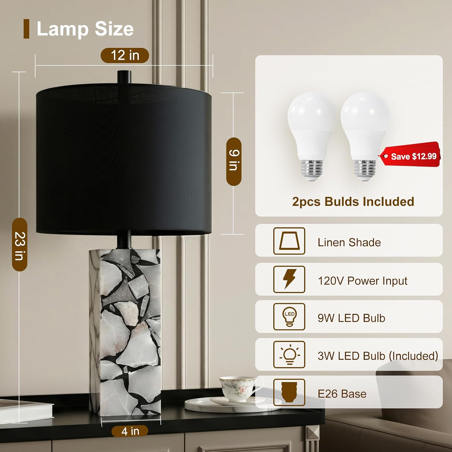 Scenekoy 23" Alabaster Table Lamps Set of 2 with Night Light for Living Room, Rotary Switch, Black Modern Table Lamp with Black Linen…