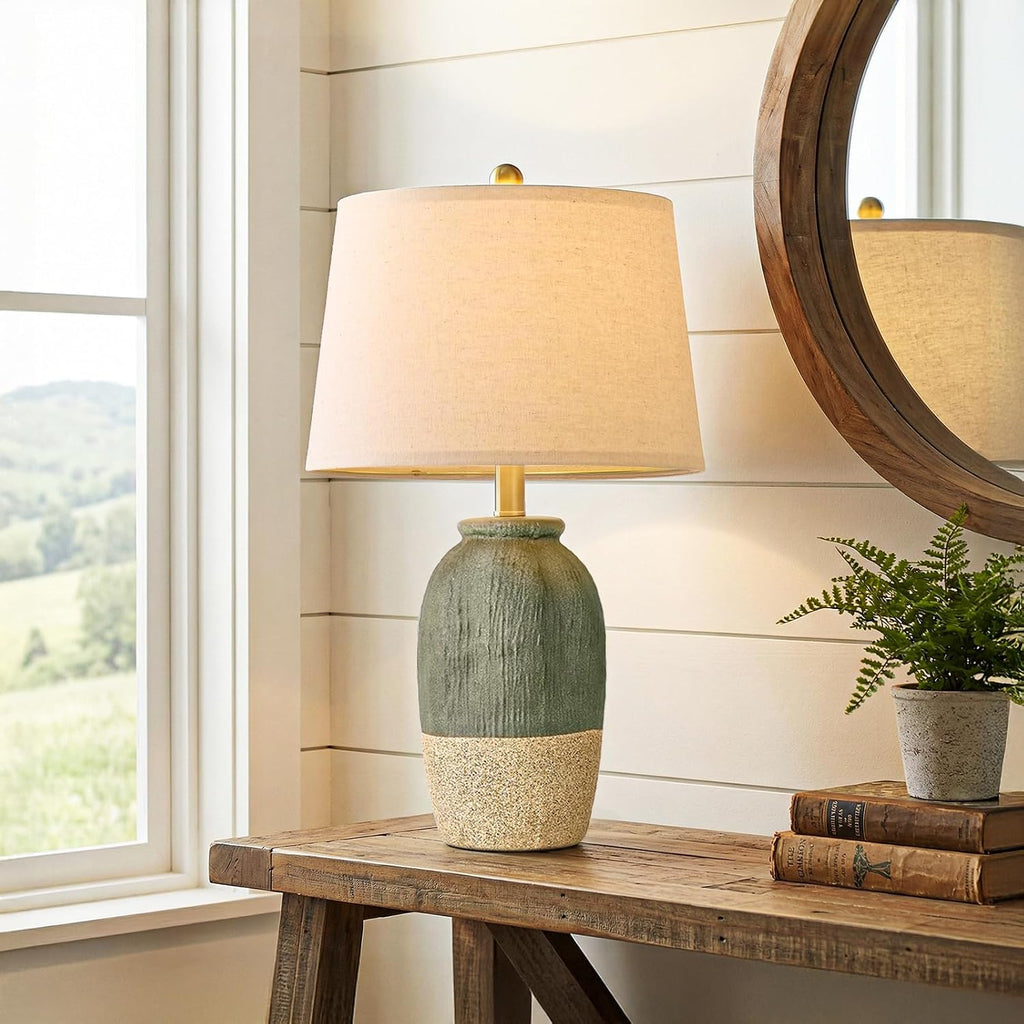 22.5" Hand-Textured Vintage Ceramic Table Lamp, Single Rustic Farmhouse Bedside Lamp with Linen Shade, Boho Lamp for Bedroom Living Room…