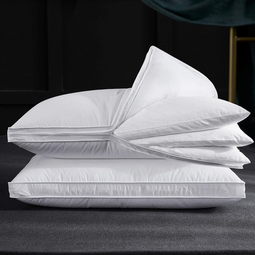 Three Geese Adjustable Layer Goose Feather Pillow, Assemblable Bed Pillow,100% Soft Organic Cotton Cover, Good for Side and Back Stomach…