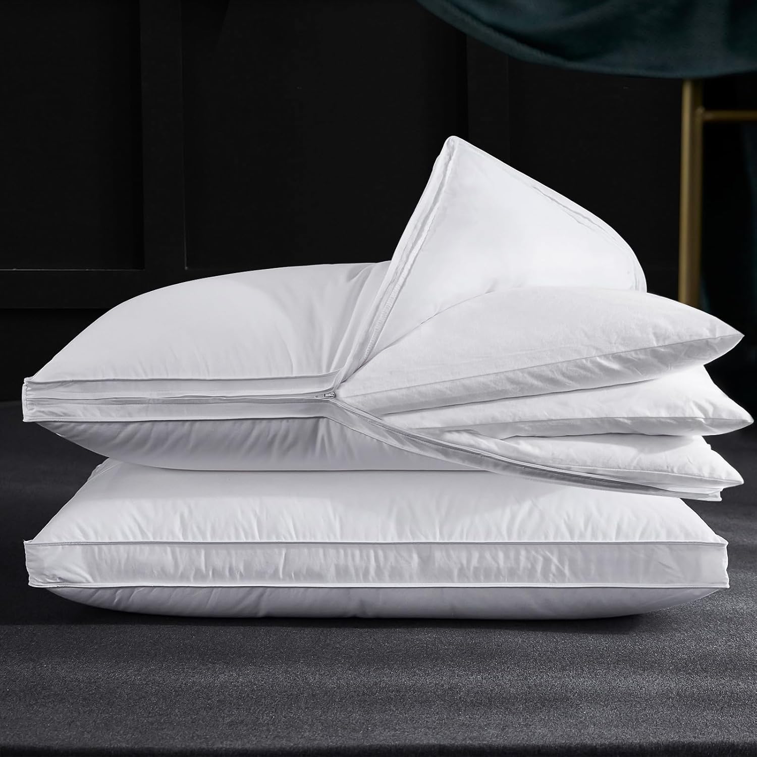 Three Geese Adjustable Layer Goose Feather Pillow, Assemblable Bed Pillow,100% Soft Organic Cotton Cover, Good for Side and Back Stomach…