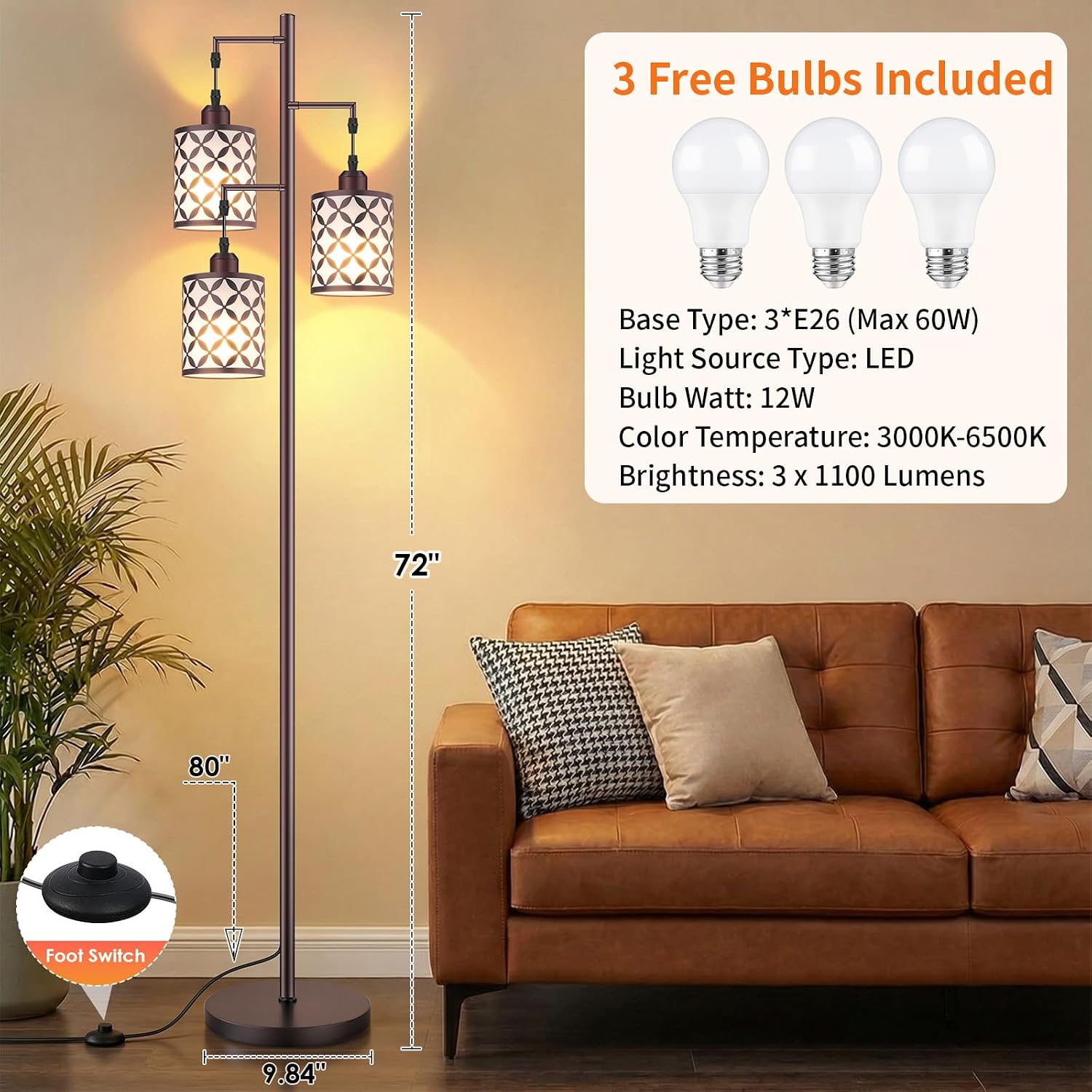 Dimmable Floor Lamp, Farmhouse Standing Lamp with Elegant Metal Cage, Industrial Tall Tree Floor Lamps for Living Room, Bedroom, Study…