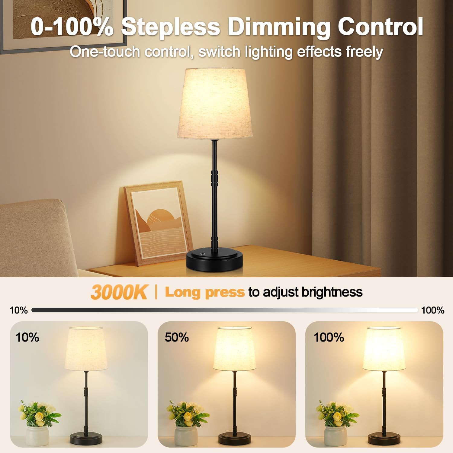 Cordless Table Lamps Set of 2 – Battery Operated Lamp with 7500mAh Rechargeable Battery, Stepless Dimmable Black Lamps with Beige Shade…