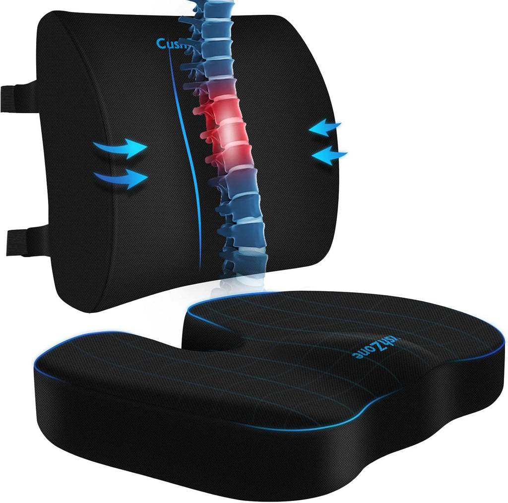 CushZone Ergonomic Seat Cushion & Lumbar Support Pillow - Memory Foam for Sciatica & Posture Correction, Non-Slip Chair Cushions for Office…
