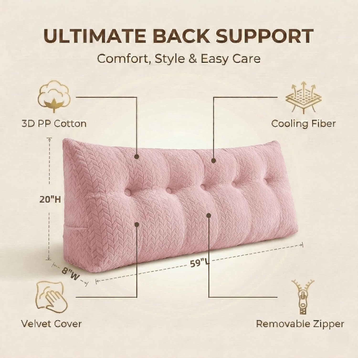 Headboard Pillow Queen Size, Reading Pillow for Bed, Leaf Pattern Wedge Pillow, Tufted Backrest Support, Headboard Substitute, Pink