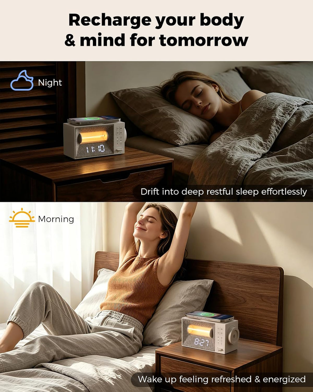 BokefoPersonalCare Alarm Clock with 15W Wireless Charger, White Noise Machine with 20 Soothing Sounds, Sunrise Wake Up Light for Bedrooms,…