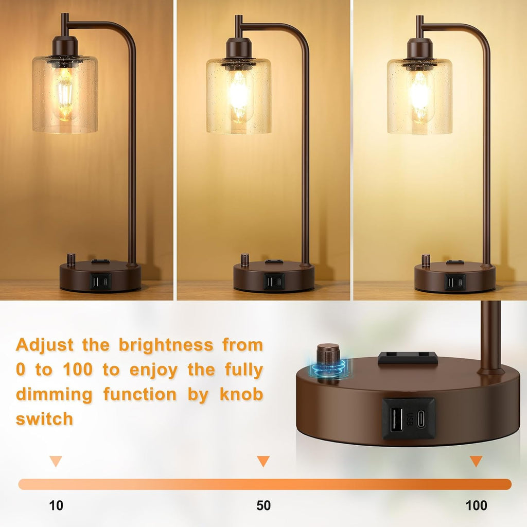 Innqoo Industrial Table Lamps for Bedrooms Set of 2 - Fully Dimmable Bedside Lamps with USB Ports and Outlet, Brown Nightstand Lamps with…