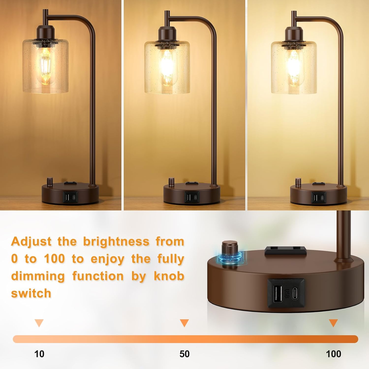 Innqoo Industrial Table Lamps for Bedrooms Set of 2 - Fully Dimmable Bedside Lamps with USB Ports and Outlet, Brown Nightstand Lamps with…