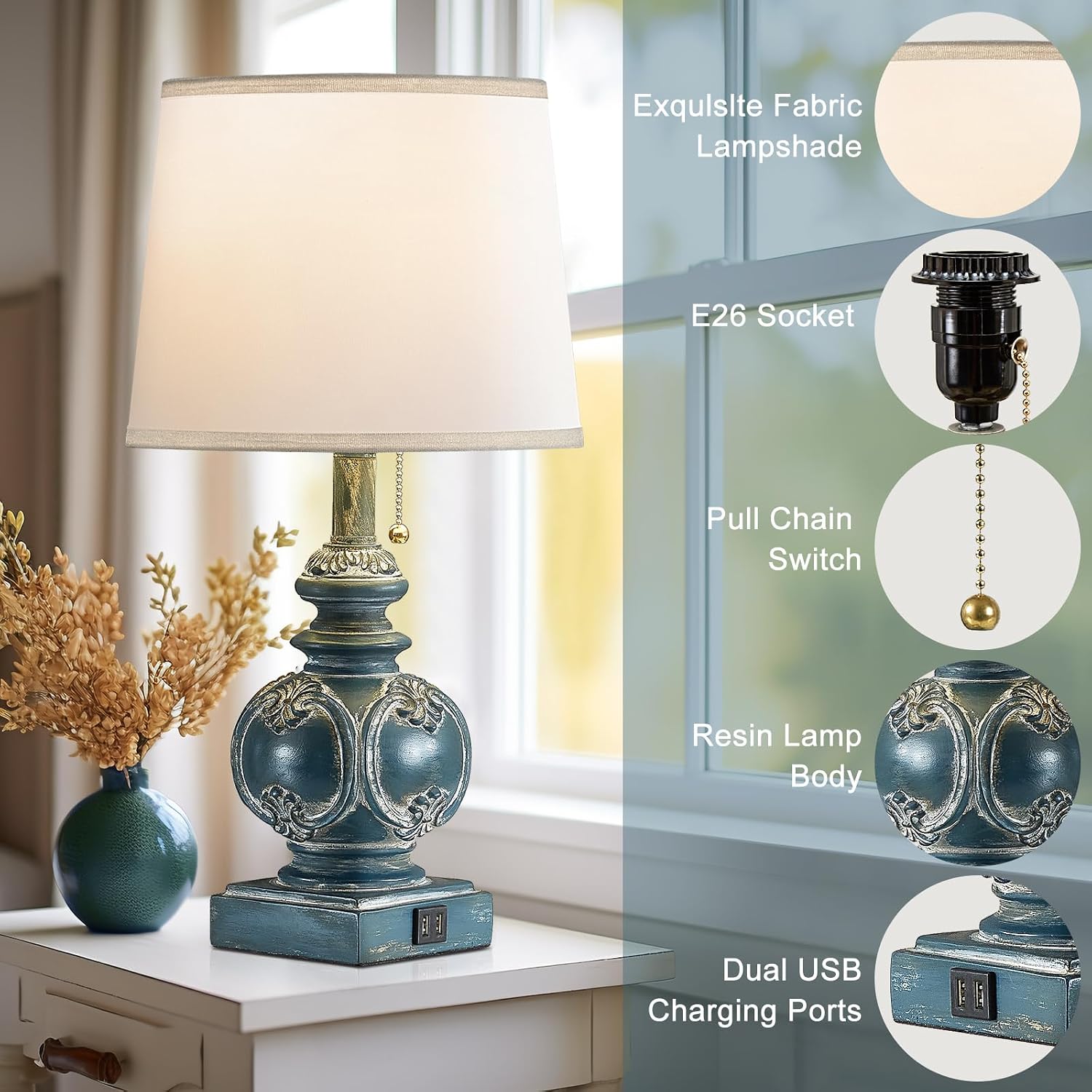 20.75" Farmhouse Table Lamps for Bedroom Set of 2, Rustic Bedside Lamps with 2 USB Port, Retro side table lamp Antique Nightstand Lamp…