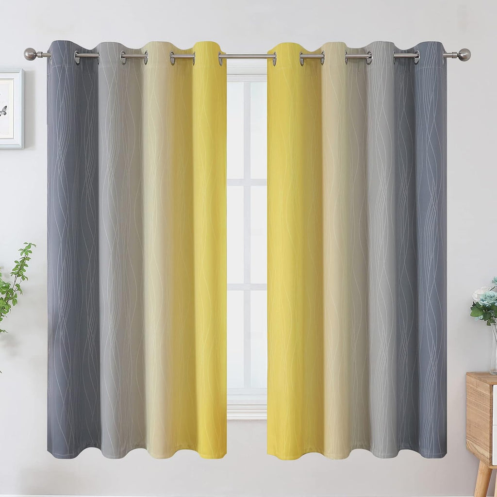 Estelartextiler Ombre Gray and Yellow Blackout Curtains 63 Inch Length 2 panels, Full Room Darkening Curtains for Kids Room, Grommet Therma…