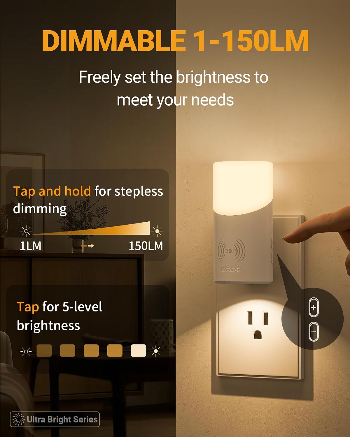 Lyridz LED Plug-in Night Light with 360° Motion Sensor, 1-150 Lumens Dimmable Nightlights Indoor for Bathroom, Bedroom, Hallway, Stairs…
