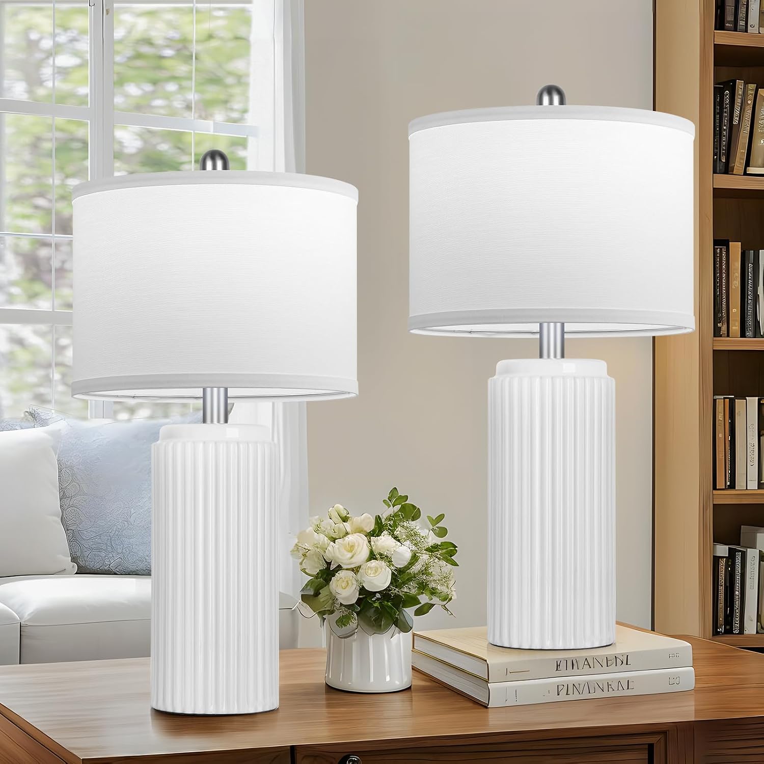 Tobusa 23.5’’ Modern White Ceramic Lamps Set of 2, Living Room Retro Side Table Lamps, Farmhouse Bedside Nightstand White Lamps for Bedroom…