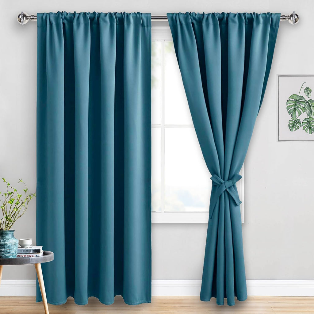 Jiuzhen Blackout Curtains for Bedroom - Thermal Insulated Room Darkening Rod Pocket Curtains for Living Room, Set of 2 Panels with Tiebacks…