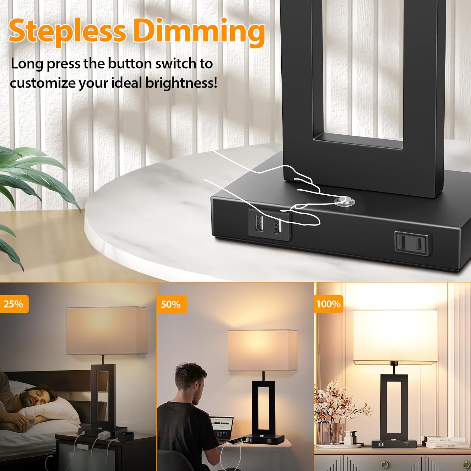 27.2’’ Tall Black Table Lamps for Living Room Bedroom, Bedside Touch Control Lamps with 2 USB Ports&AC Outlet, 3 Color Temp.&Stepless…