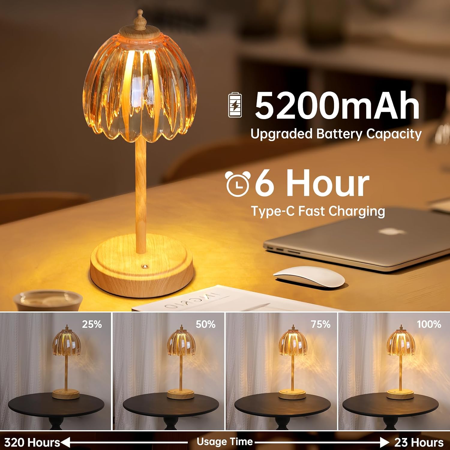 Shenmoyl Tulip Table Lamp with 5200mAh Battery & Touch Control, Small Cordless Table Lamp with 3 Colors, Rechargeable Battery Operated…