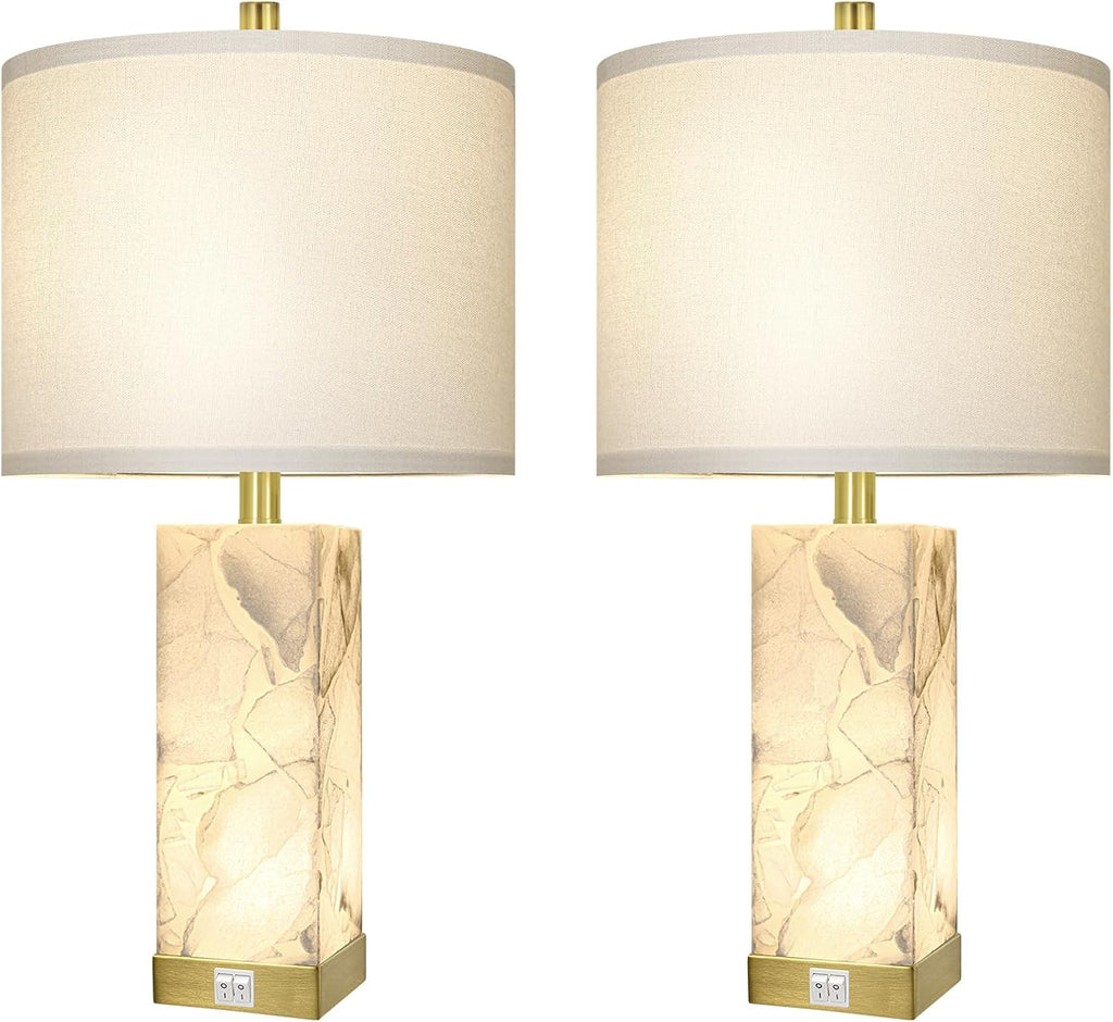 Scenekoy 23" Alabaster Table Lamps Set of 2 for Living Room Bedroom, Bedside Lamps with USB A+C Ports, Modern Table Lamp with Linen Shade…