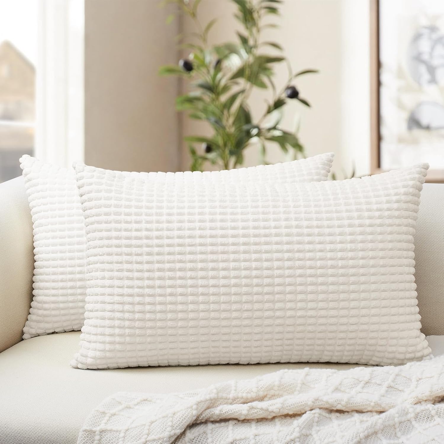 Softalker Throw Pillow Covers 12x20 Inch, Set of 2, Soft Corduroy Boho Stripe Decorative Pillow Cover, Couch Fluffy Pillow Cover for…