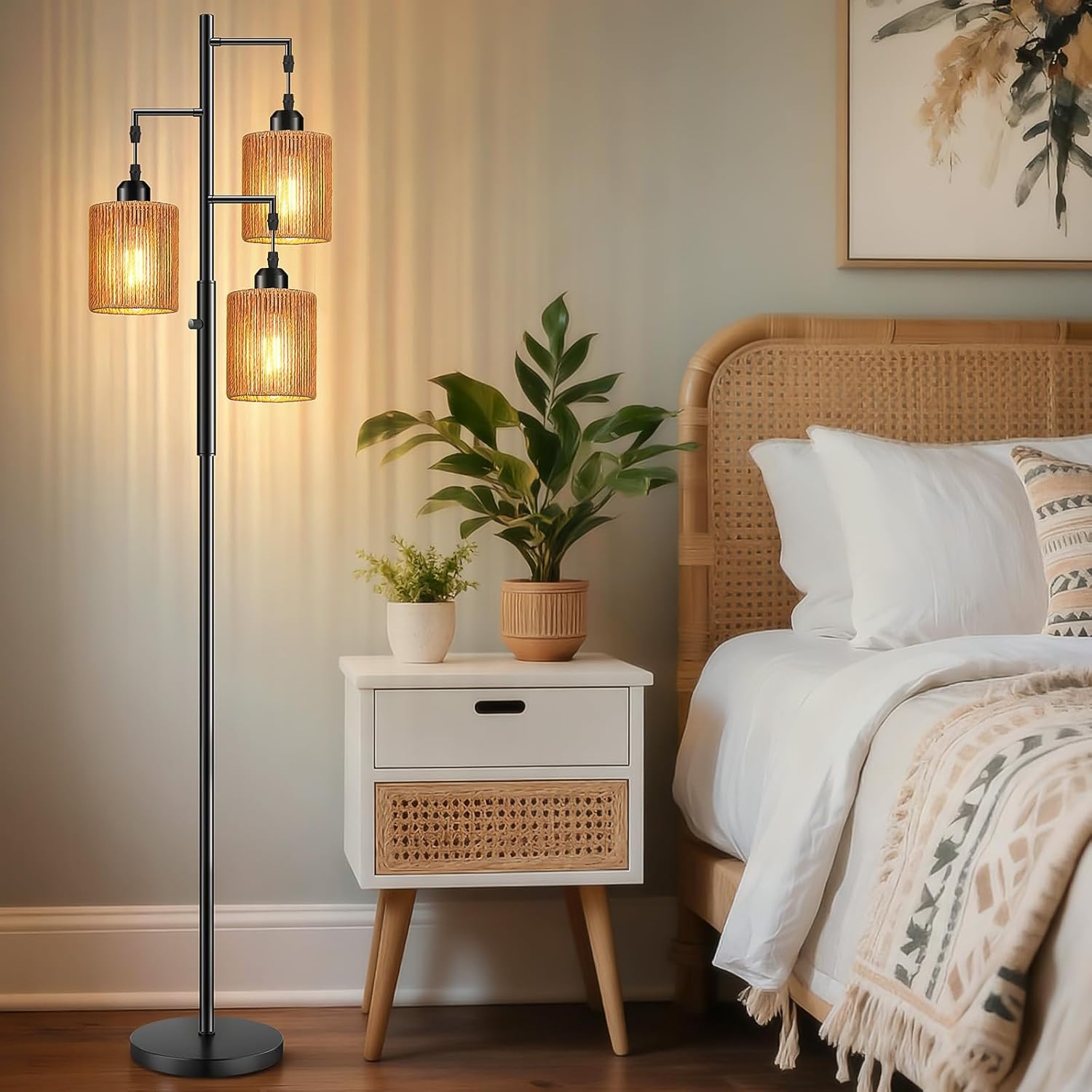 Hotsonic 72" Tall Boho Rattan Style Floor Lamp with Hand-Woven Paper Cord Shade, Dimmable Industrial Tree Standing Lamp for Living Room…
