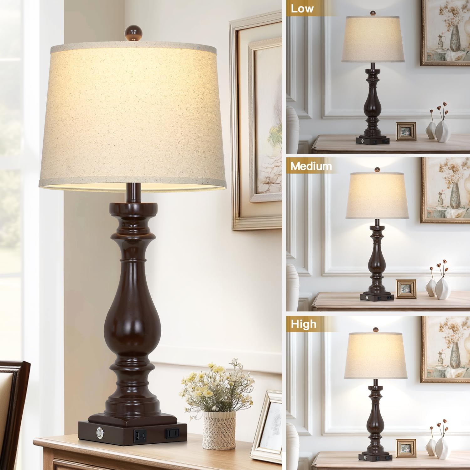 Cinkeda 29" Tall Farmhouse Table Lamp for Living Room Set of 2, Vintage Retro Nightstand Lamps with USB C+A Ports & AC Outlet,3-Way…